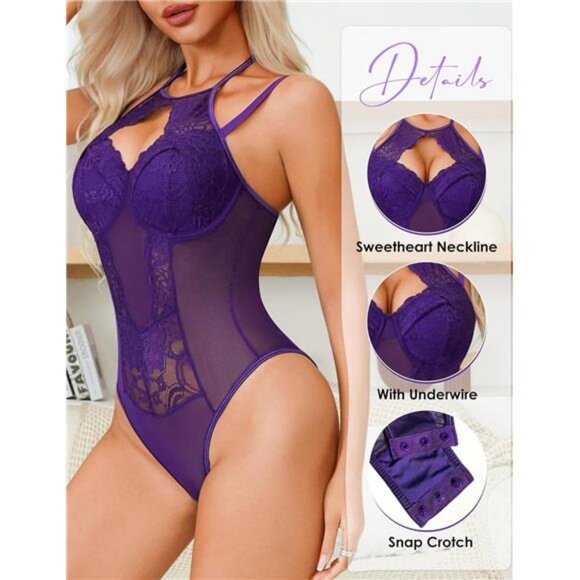 Women Teddy Lingerie Sexy Snap Crotch Lace Bodysuit Purple - Picture 2 of 5